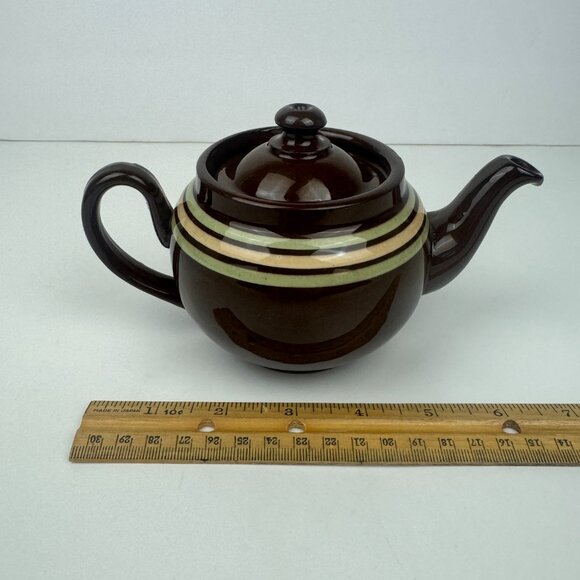 Vtg Single Serve Brown Genuine Old English Redware Teapot w Green Tan Stripes - Picture 9 of 13
